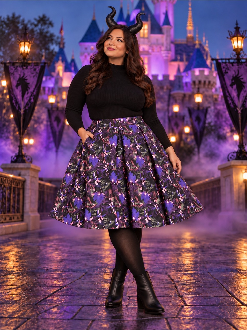 NWT LuLaRoe Disney Villains Maleficent Madison Skirt Pockets Purple 3XL Plus siz